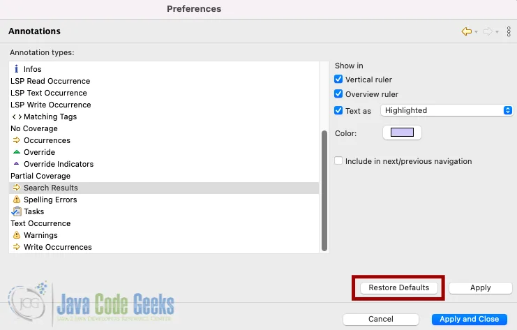 Screenshot of Eclipse preferences showing restore default option for highlight color.
