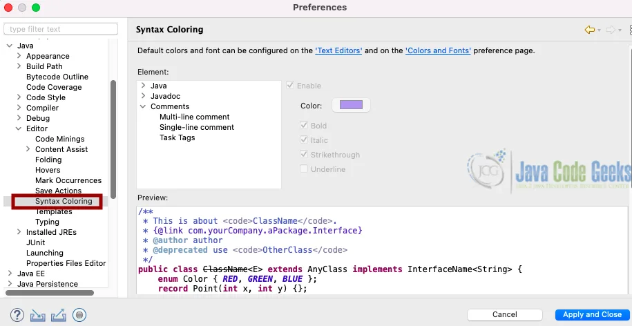Screenshot of Eclipse Syntax Coloring settings for change highlight color