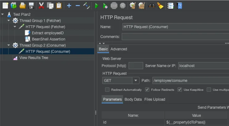 Screenshot of the second Thread group in JMeter demonstrating how to pass a variable to another Thread group