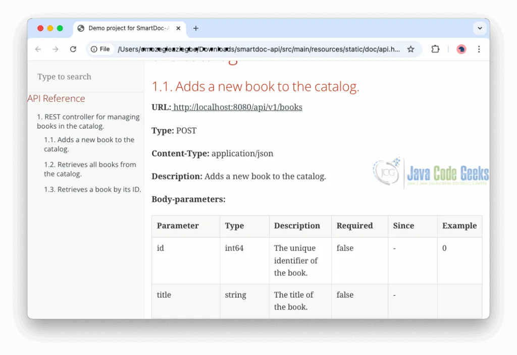 Java API Smart Doc example preview
