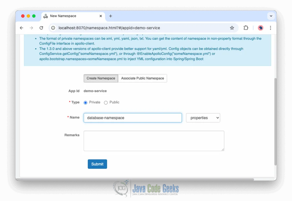 Create Namespace view in the Apollo Portal