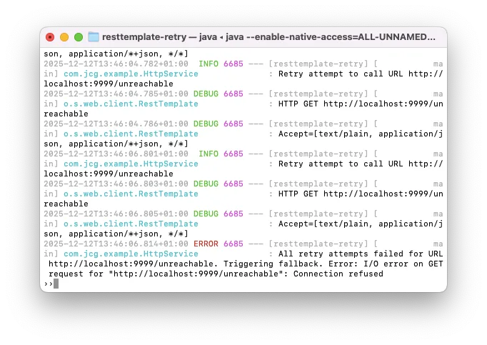 Example Output: Spring Retry Handling RestTemplate Requests to an Offline Host