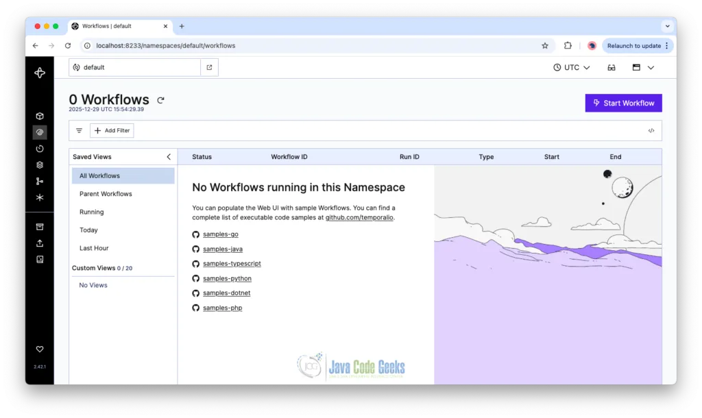 Screenshot of the Temporal Web UI for the Spring Boot Temporal Workflow Engine example