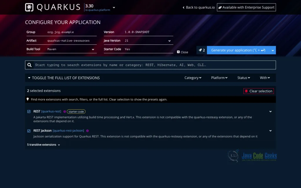 Screenshot showing code.quarkus.io being used to generate the Quarkus native image resource access example.