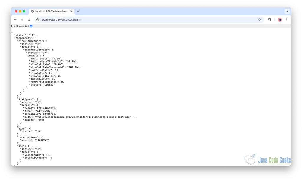 Sample Health Endpoint Output for a Circuit Breaker in Spring Boot using Resilience4j