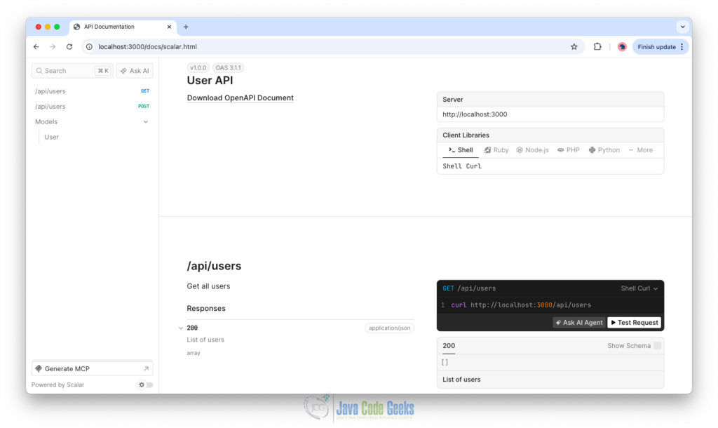 Sample screenshot of REST API documentation using Scalar