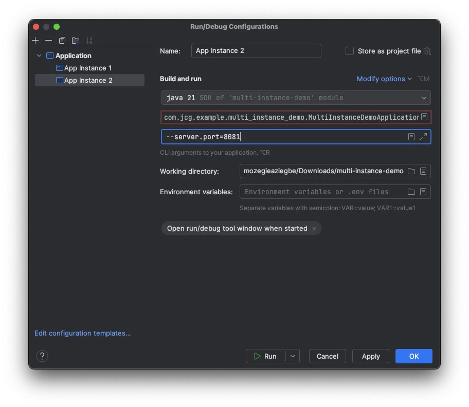 Example screenshot demonstrating the use of program arguments for configuring multiple Spring Boot instances in IntelliJ IDEA.