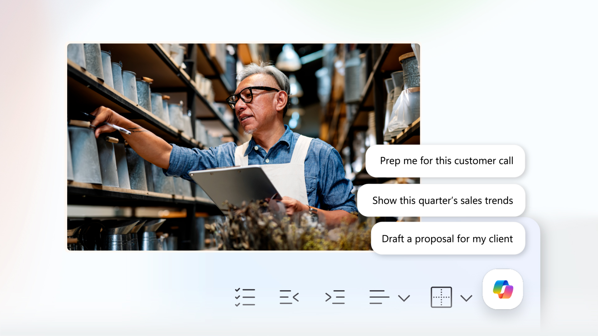 Person in a small warehouse or shop aisle uses a tablet while checking labeled metal containers on shelves; interface overlay shows AI prompts like “Prep me for this customer call,” “Show this quarter’s sales trends,” and “Draft a proposal for my client,” alongside a Copilot-style icon.