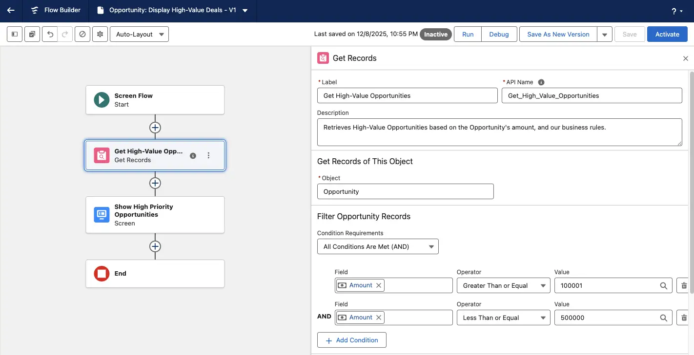 Salesforce flow builder showing hard-coded Opportunity amounts in the Get Records element of a screen flow.