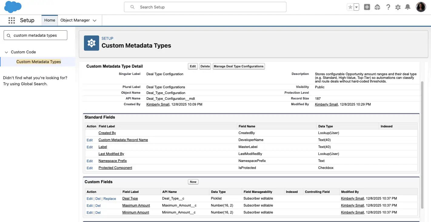 Salesforce setup screen for a “Deal Type Configuration” custom metadata type, which shows fields and other related information.